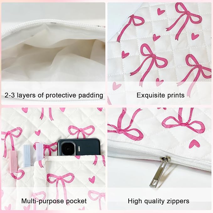 Pink Bow Bible Covers for Women with Zipper and Handle, Quilted Bible Case Floral Book Sleeve with 4 Pockets, Washable Bible Bag, Bible Accessories Gift for Women Girls 10x8 Inch