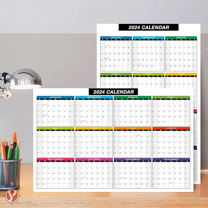 2024 Full Desk Calendar - 11 x 17” Large Size 12 Month Planner - 2 Sided Vertical/Horizontal Reversible - Printed on Thick & Durable 80lb Cardstock (216 gsm) - 2 Per Pack