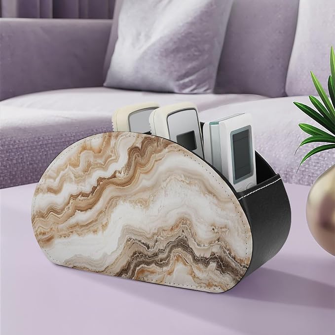Beige Marble Texture Remote Control Holder with 5 Compartments Leather TV Remote Caddy Remote Storage Box Desktop Organizer for Pen/TV Remotes/Media Controllers/Office Supplies