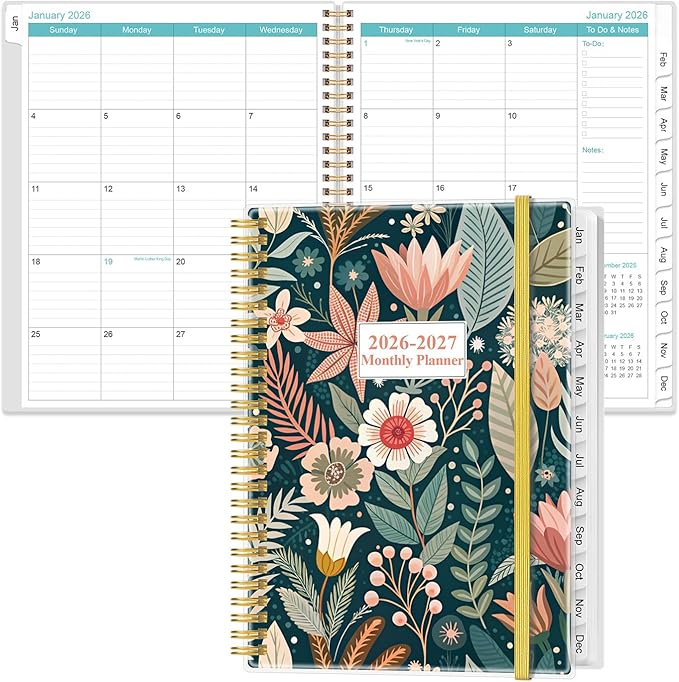 2026-2027 Monthly Planner - 18 Monthly Calendar, January 2026 - June 2027, Two Pages Per Month, 9" x11" Planner with Tabs, Strong Twin-Wire Binding, Inner Pocket, Flower-C
