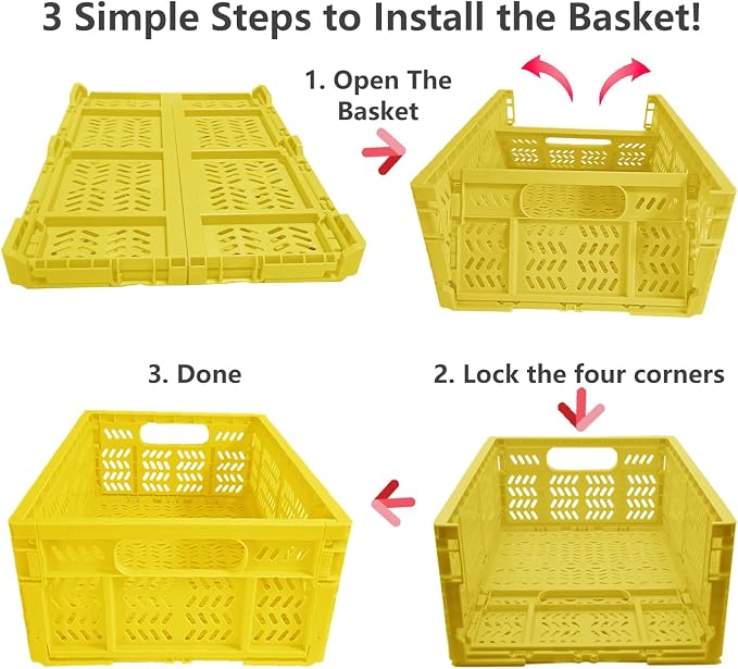 20L Folding Crate, 4Pack Plastic Storage Baskets Organizer for Home and Office,Collapsible Storage Crates for Home Office and Outdoor Organizer.(Yellow) w