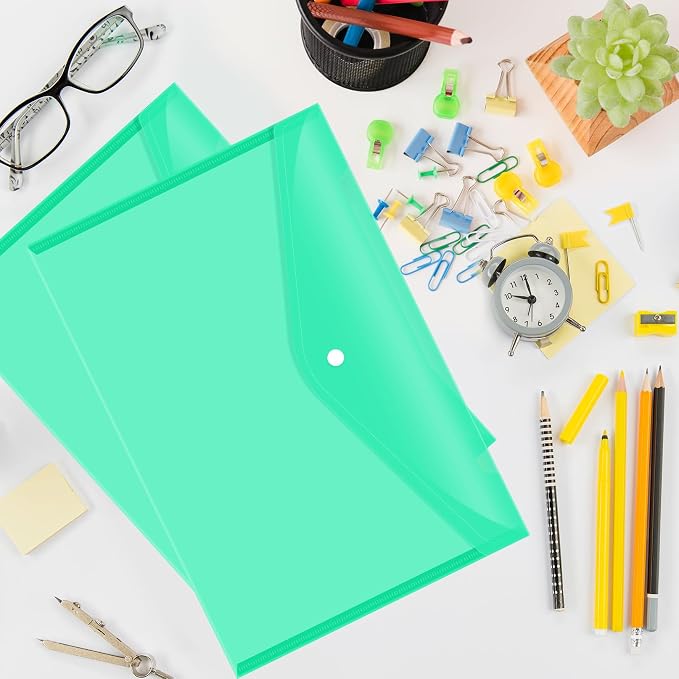 24 pcs Plastic Filing Envelopes with Snap Button Closure ，Clear Document Folders for Letter A4 Size Files ，Poly Folders，for School and Office Supplies（Green）
