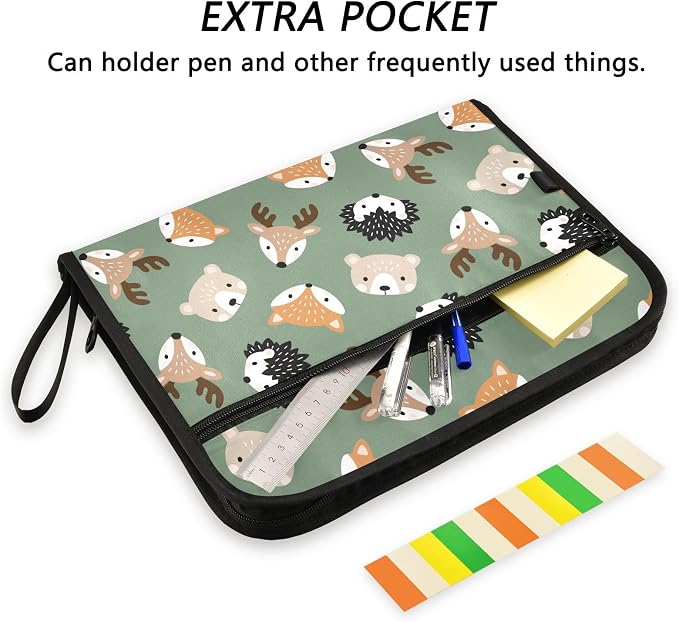 Cute Woodland Animal Heads File Folders,Plastic Folders with 13 Pockets,Expandable File Folder for Documents School Students Office,Aesthetic Folder with Labels A4 Letter Size