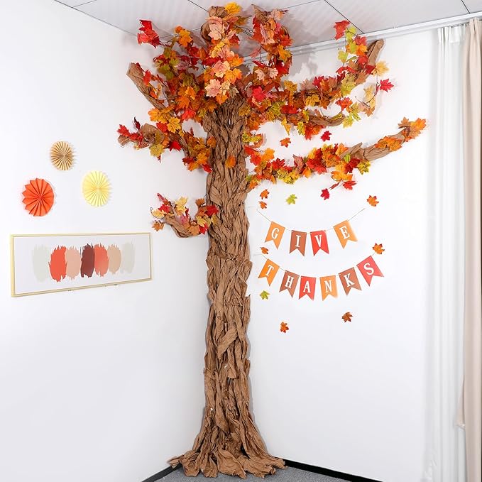 Thanksgiving Classroom Tree Bulletin Board Set Fall DIY 3D Kraft Craft Cardboard Tree with Simulated Maple Leaves Thanks Giving Banner Wall Decor for Autumn Rustic School Elementary Teacher Chalkboard