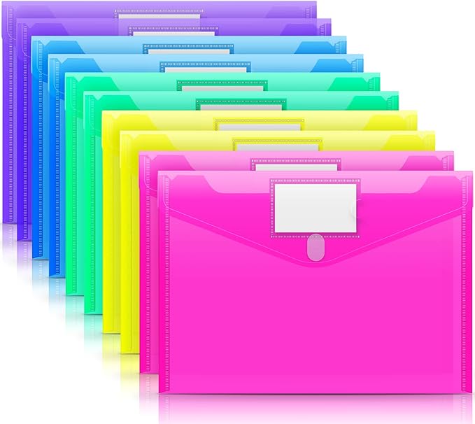 Sooez 10 Pack File Folders, Clear Poly Envelopes Plastic Folders, Folder for Documents Letter A4 Size with Label Pocket, Teacher School Office Supplies Organization Storage, Assorted Color