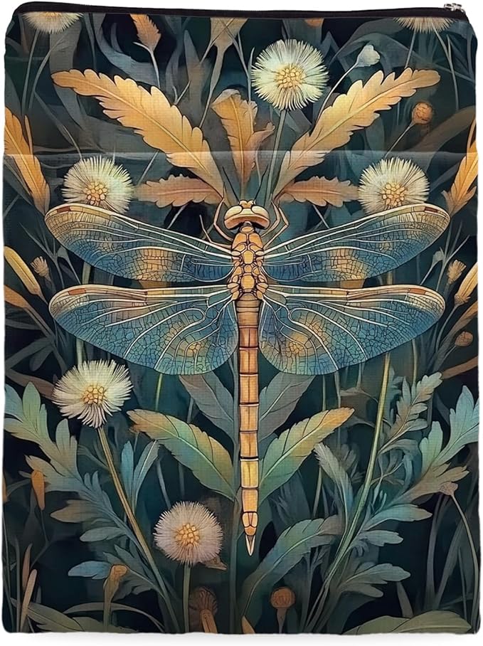 Vintage Flower Dragonfly William Morris Book Sleeve for Book Lovers, Bookish Book Protector with Zipper, Washable Fabric Book Cover for Paperbacks,11.4 x 9.1Inches (Light Blue-Dragonfly, Medium)