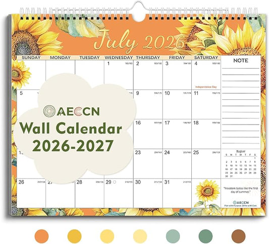 AECCN Calendar 2026-2027, 18 Months Calendars, 14.4" x 11.4", Thick Paper, Anti Ink Bleed and Transparent Cover, Wall Calendar 2026-2027 with Stickers for Home, school, Office Planning-Flower