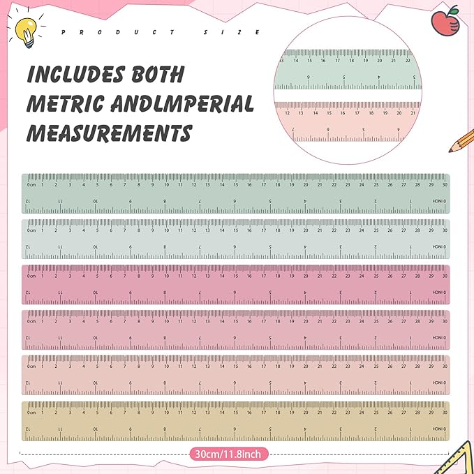 60 Pcs Plastic Clear Rulers 12 Inch, Transparent Assorted Color Ruler Bulk, with Imperial and Metric Scales for Home Office Supplies, Available in 6Colors(Vintage Colors)