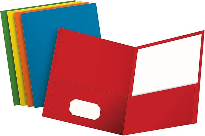 Oxford 2 Pocket Folders, Textured Paper, Assorted Colors (Light Blue, Red, Yellow, Orange, Green), Letter Size, 50 Per Box