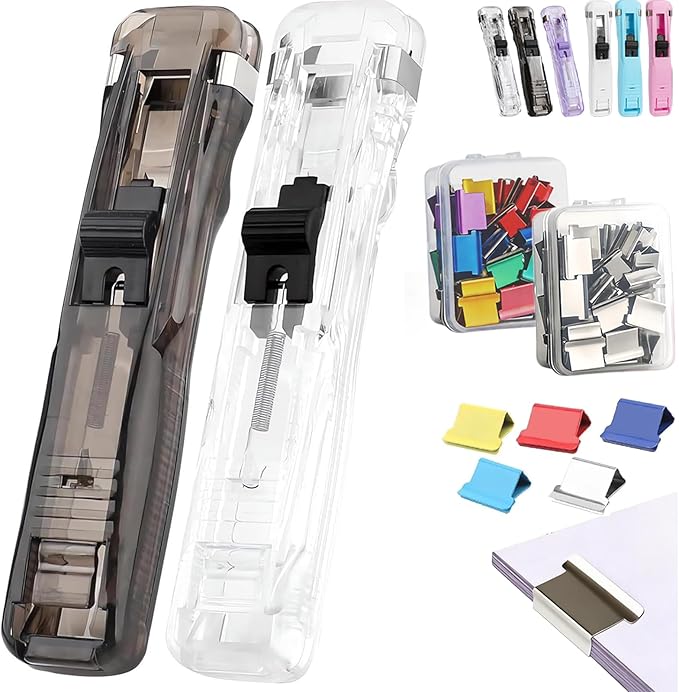 Portable Binder Clip Stapler - Includes 100 Reusable Clips, No Staples, No Holes,Push Clip Paper Clam Dispenser, Reusable Desktop Stapler for Document Home School (2-F)