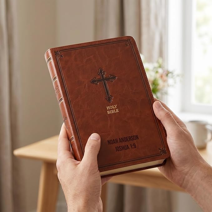 Printualist Personalized KJV Thinline Holy Bible with Name Engraved, Red Letter King James Version, Faux Leather Chestnut Cover, Custom Gift Bible for Christian Celebrations