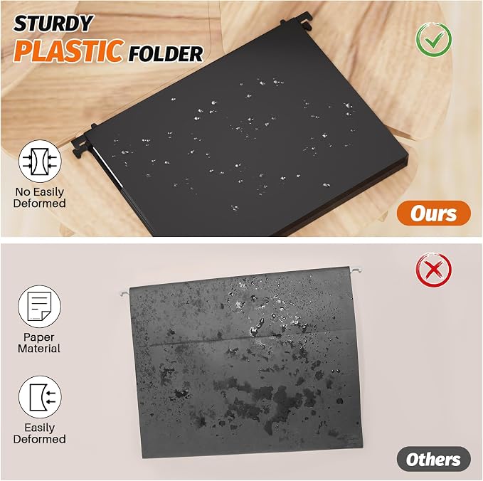 SHUTEX Extra Capacity Plastic Hanging File Folders,12 Pack Reinforced Hang Folder,Heavy Duty 1 Inch Expansion,Filing Cabinet Folders Letter Size for Bulk Files/Medical Charts (Sides Sealed, Black)