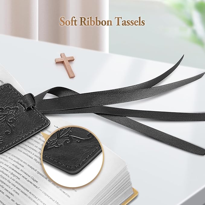FINPAC Leather Bible Bookmarks, Vegan Religious Bookmarks, Bible Verse Book Markers Church Gifts for Women Men [Trust in The Lord with All Your Heart] - Black