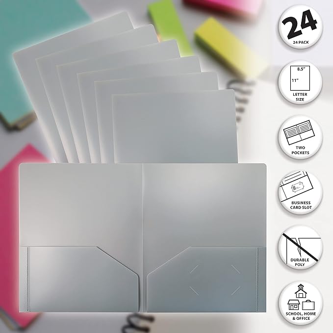 Better Office Products Heavyweight Gray Plastic 2 Pocket Portfolio Folder, Letter Size Poly Folders, 24 Pack, Gray