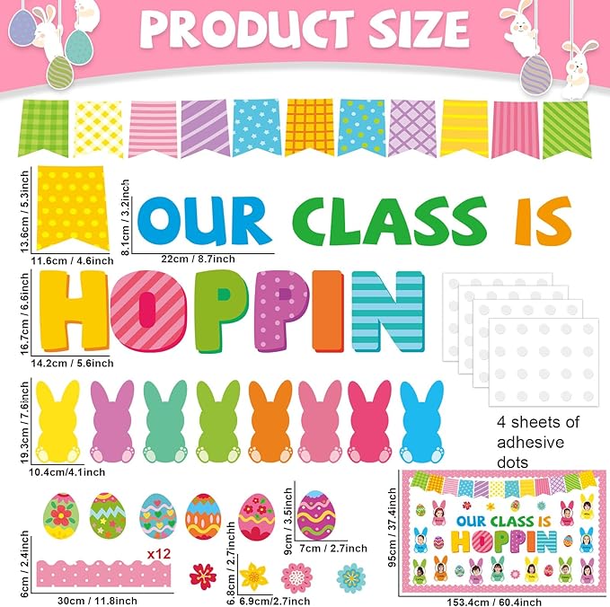 Qyeahkj 60Pcs Easter Bulletin Board Decoration Easter Egg Bunny Cutout DIY Picture Frame Crafts Our Class Is Hoppin Wall Bulletin Board Set for Easter Holiday Teacher School Office Chalkboard Supplies