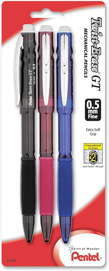 Pentel Twist-Erase GT (0.5mm) Mechanical Pencil, Assorted Barrel Colors, Color May Vary, Pack of 3 (QE205BP3M)