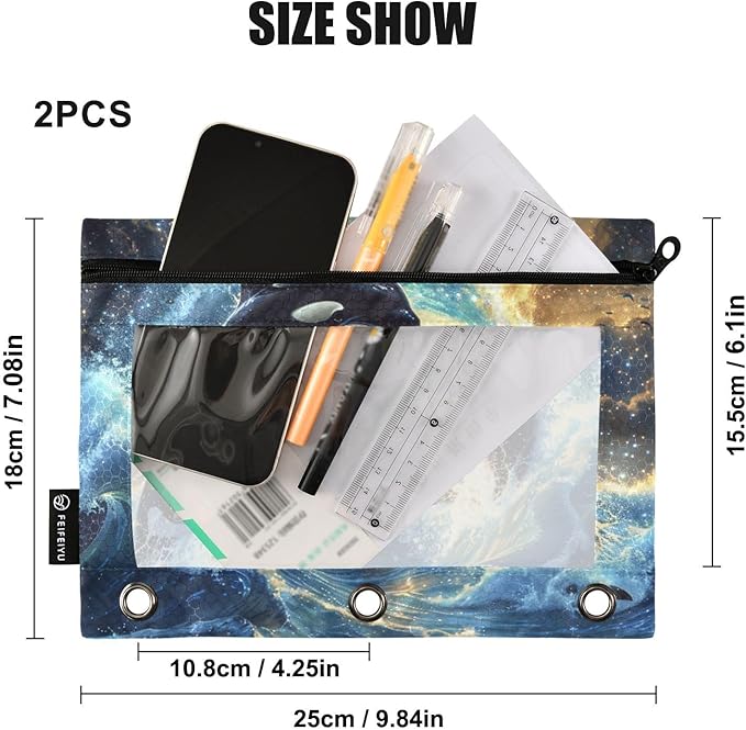 2 Pack 3 Ring Binder Pencil Pouch Dolphin Pencil Case Pencil Bags with Zipper, Clear PVC Binder Pockets for Office Daily Supplies