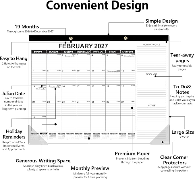 GuassLee Large Desk Calendar 2026,3 Packs 22" x 17" Desktop Wall Calendar 19 Months Wall Planner Runs from Jun. 2026 to Dec. 2027 with Julian Date To-do & Notes Monthly Goals for School Home Office