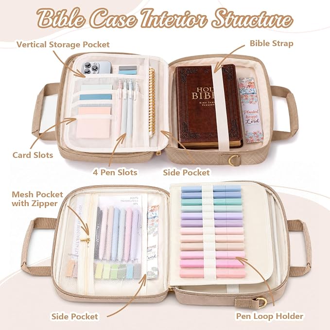 XKDOUS Bible Cover Case for Women, Quilted Large Bible Bag with Shoulder Strap, Bible Study Supplies with Highlighters, Tabs & Journaling Kit, Christian Gifts for Mom & Women (Khaki)