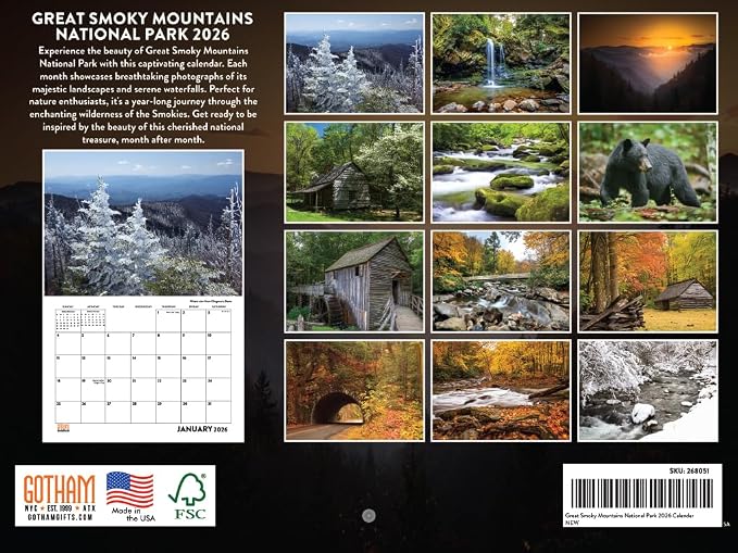Great Smoky Mountains Calendar 2026 Tennessee Blue Ridge Monthly Wall Calender 12 Month | American Made In The USA