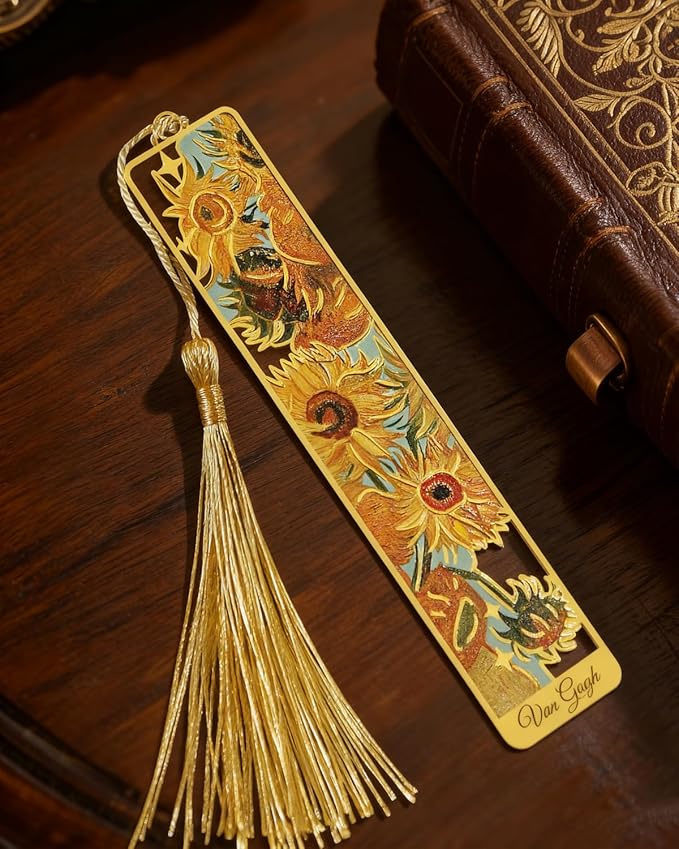 6 Pieces Metal Bookmarks with Tassel, Golden Hollow Bookmark Oil Painting Van Gogh Monet Theme Book Mark Bookmarks for Book Lovers Writers Readers Children Teens Men Women Adults