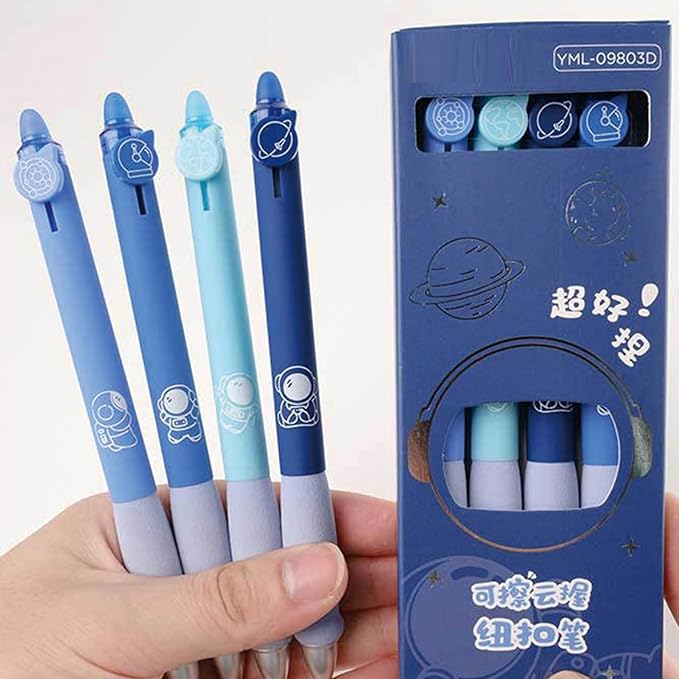 MOZXIRZ 4 Pcs Erasable Gel Ink Pens Retractable Pens Cute Space Pen 0.5mm Black Ink Writing Pen Office School Pens Women Girls Boys (Black Ink-Space)