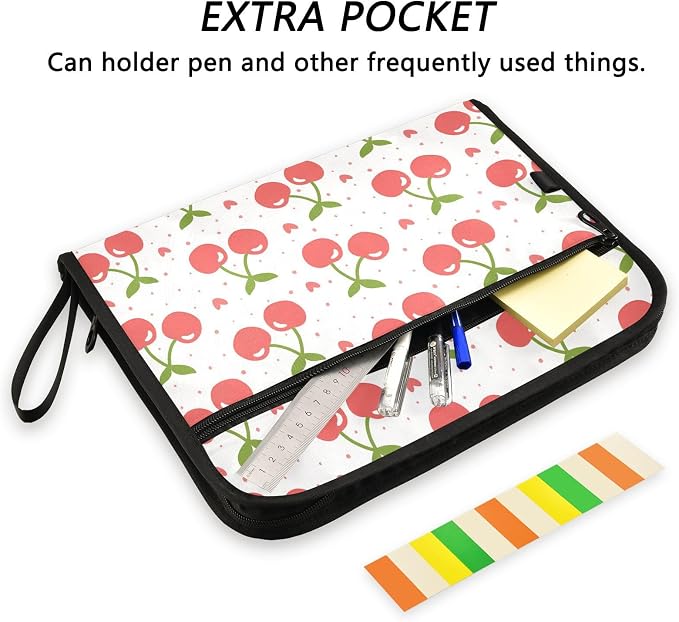 Cherry Fruit Heart Cartoon File Folders,Plastic Folders with 13 Pockets,Expandable File Folder for Documents School Students Office,Aesthetic Folder with Labels A4 Letter Size