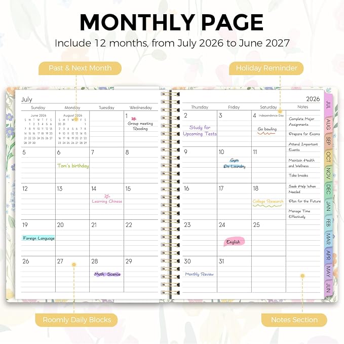 SKYDUE 2026-2027 Monthly and Weekly Academic Planner, July 2026-June 2027, 8.5"x11", Agenda Calendar with Colorful Tabs and Storage Pocket, Ideal for School Office Supplies