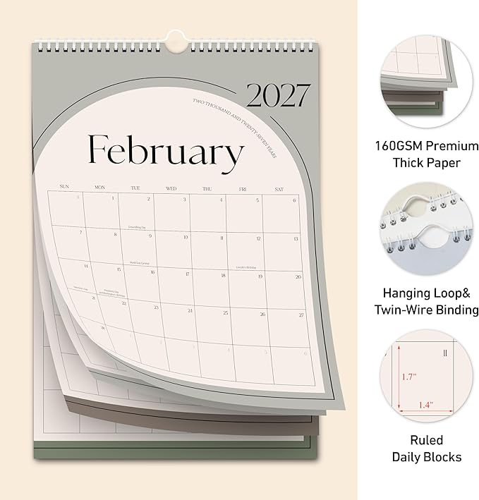 Aesthetic Wall Calendar 2026, 18 Monthly Vertical Calendar January 2026 to June 2027, 15" x 10" Modern Wall Hanging Calendar for School, Home, Office for Monthly Organizing & Planning (Green Vertical)