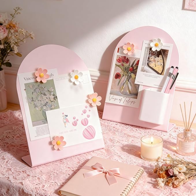 Redbaker 2 Pcs Magnetic Bulletin Board for Tabletops with 8 Flower Magnets 2 Magnetic Pen Holder 2 Pen 10 x 7 Inch Memo Display Easel Stand for Home Office School Kitchen Table Supplies(Pink)