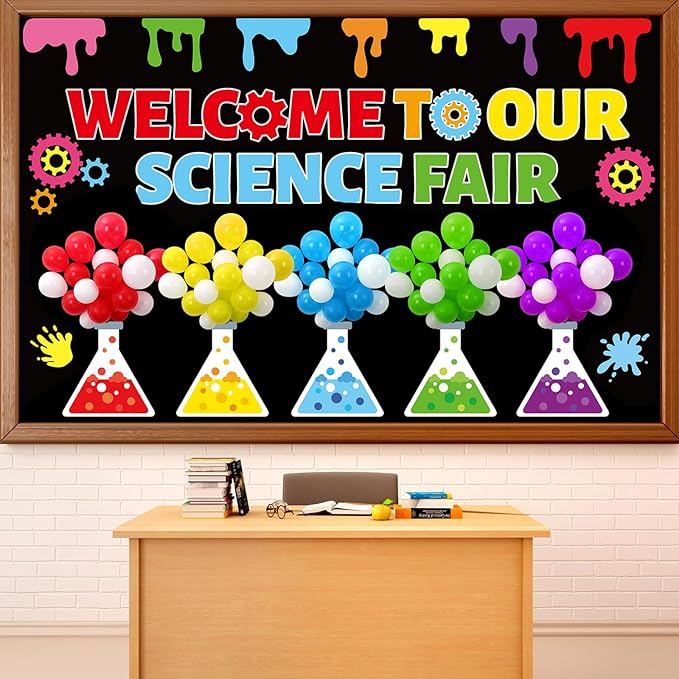 Science Bulletin Board Set 3D Balloon Welcome to Our Science Fair Board Craft for Classroom Decorations Colorful Balloons Chemistry Lab Cutouts for School Library Home Wall Decor Supplies