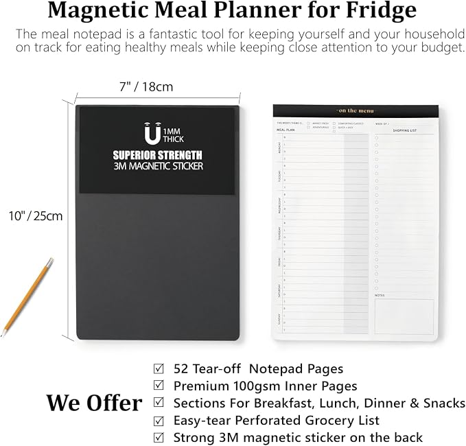 Weekly Meal Planner and Grocery List Magnetic Notepad for Fridge - 7x10” Meal Planning Pad with Tear Off Shopping List. Plan Weekly Menu Food for Weight Loss or Dinner List for Family