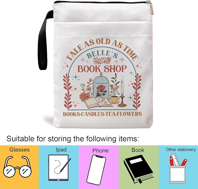 Tale As Old As Time Belle's Book Coffee Book Lover Book Sleeve, Book Covers with Zipper, Book Pouch Kindle Protector, Gifts for Women Teacher Librarian Bookworm Bookish (White-A, Large)