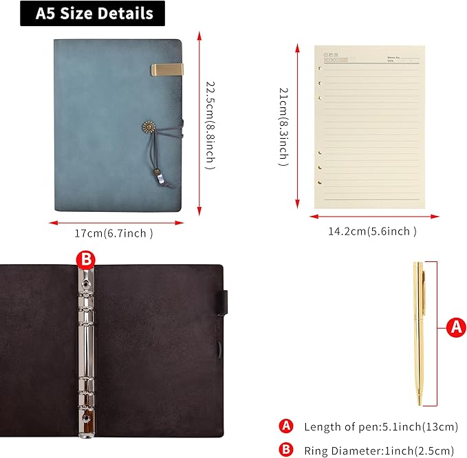 WONDERPOOL Leather Journal Lined Paper Notebook & Pen - Refillable 6 Ring Binder Writing Spiral Diary with Ruled Notepads Vintage Cover for Office Travel Work and Plan Agenda (A5, a-Cyan)