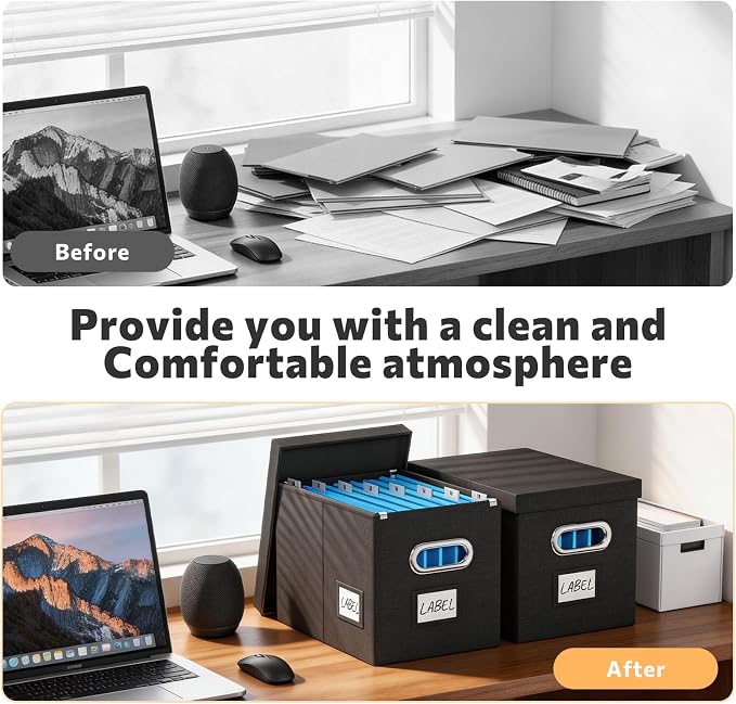 FHSQX File Box with Lid-File Organizer Box Set of 2 Portable Hanging File Box-Decorative Filing Storage Boxes for Office & Home File Cabinet (Black, 14 x 9.3 x 10.9 in (2Pack))