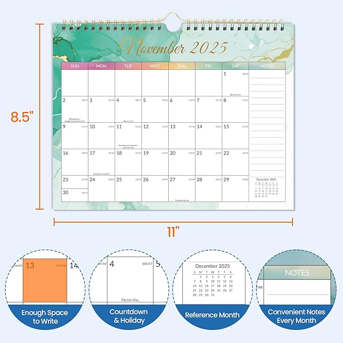 SUNEE 2026 Wall Calendar- 18 Months Calendar Oct. 2025 - Mar. 2027, 11"x8.5" Big Grid Hanging Calendar with Note for Organizing & Planning,