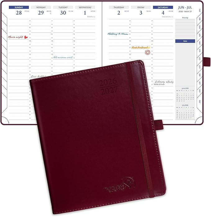 POPRUN 2026 Weekly Planner (Medium 7'' x 8.5''), 30-Minute Hourly Appointment Book (July 2026-June 2027) with Monthly Tabs, Inner-pocket, Pen Holder, PU Leather Softcover - Burgundy