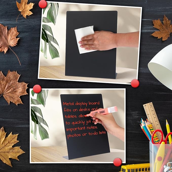 Fainne 8 Pcs Magnetic Bulletin Board with Easel Stand Mini Black Magnet Metal Tabletop Memo Display Board for Back to School Menu Table Office Supplies (11 x 8.5 Inches)