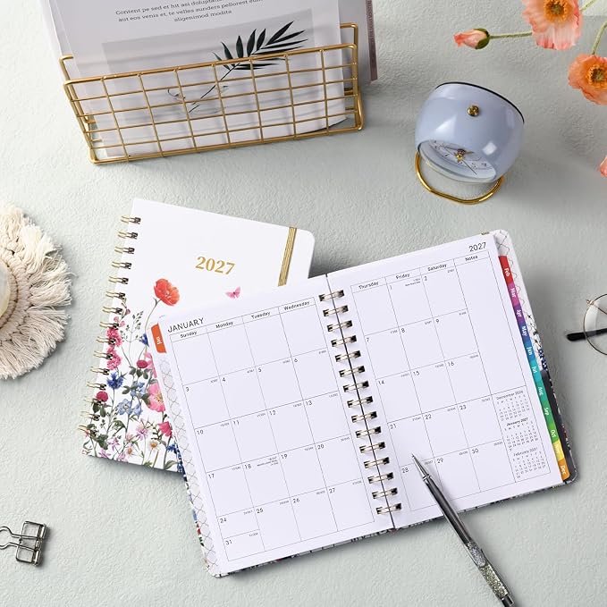 2027 Planner - 2027 Planner Weekly and Monthly, Jan 2027 - Dec 2027,2027 Calendar Planner with Colorful Tabs, 6.3" x 8.4", Hardcover with Back Pocket + Thick Paper + Twin-Wire Binding - Flowers
