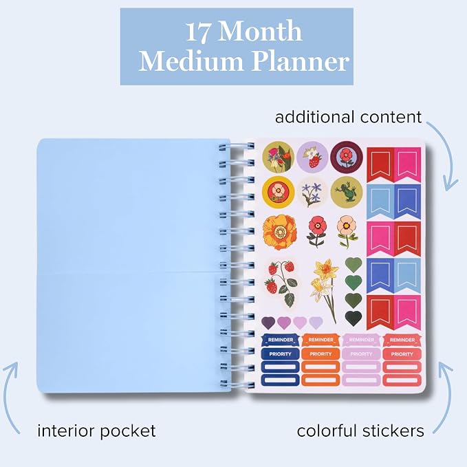 Vera Bradley 2025-2026 Medium Planner Daily Weekly & Monthly, 17 Month Hardcover Agenda Dated Aug 2025-Dec 2026, Cute Planner with Stickers, Pockets, & Spiral Binding, Tiny Poppy Stripe