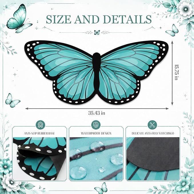Tellegloww Large Teal Butterfly Gaming Mouse Pad Desk Mat Decorative Butterfly Keyboard Desk Mat with Non-Slip Base Table Accessories for Office Home Study 35.43 x 15.75 Inches