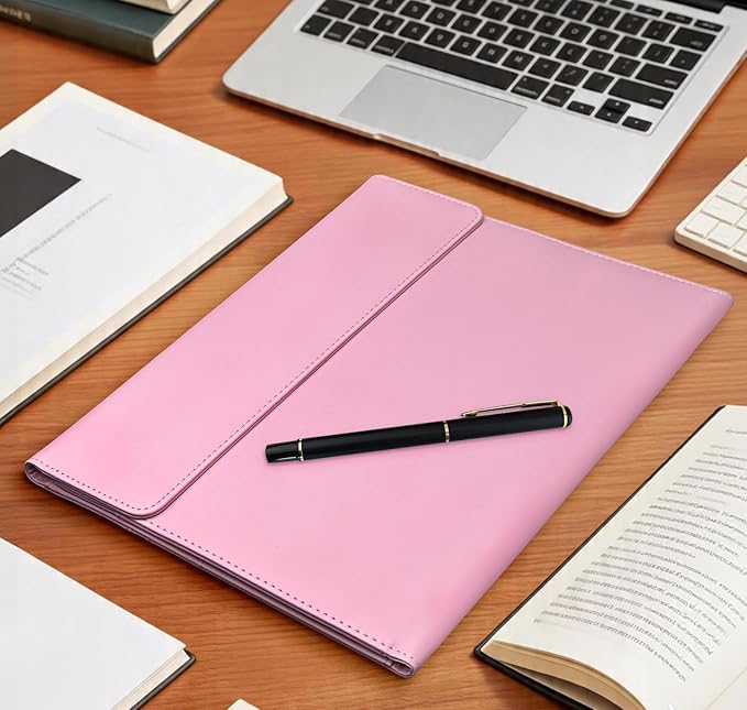 Triple Portfolio Folder Notebook Cover for 8.5 x 11 Daily Planner, Soft Leather Padfolio A4 Business Binder Legal Writing Pad Document Organizer for Present Gift Kid Men Women Pink
