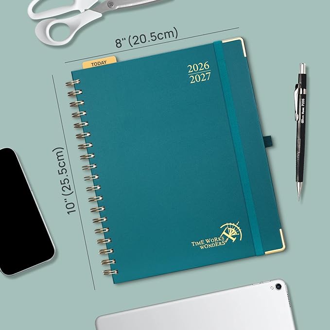 POPRUN 2026-2027 Academic Year Weekly and Monthly Planner Calendar,Jul 2026 - Jun 2027，10" x 8"， Daily Agenda Book & Appointment Book with Hourly Schedule, Tabs, Hardcover, School and Office Supplies - Pacific Green