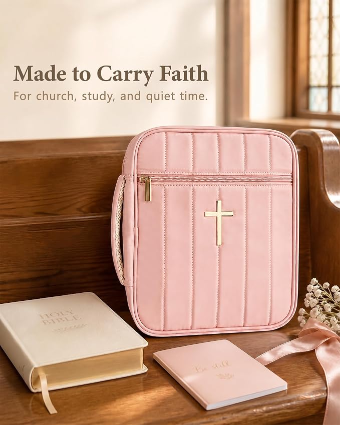 Wuflyover Bible Bag for Women, Quilted Bible Cover Case with Handle, Bible Carrying Case for Church and Bible Study, (Pink)