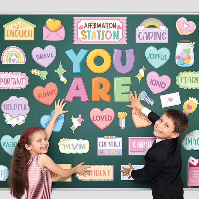45pcs Candy Affirmation Station Bulletin Board Set Motivational Posters Classroom Mirror Growth Mindset Decor Positive Affirmations Accents Cutouts for School Office Home Teacher Wall