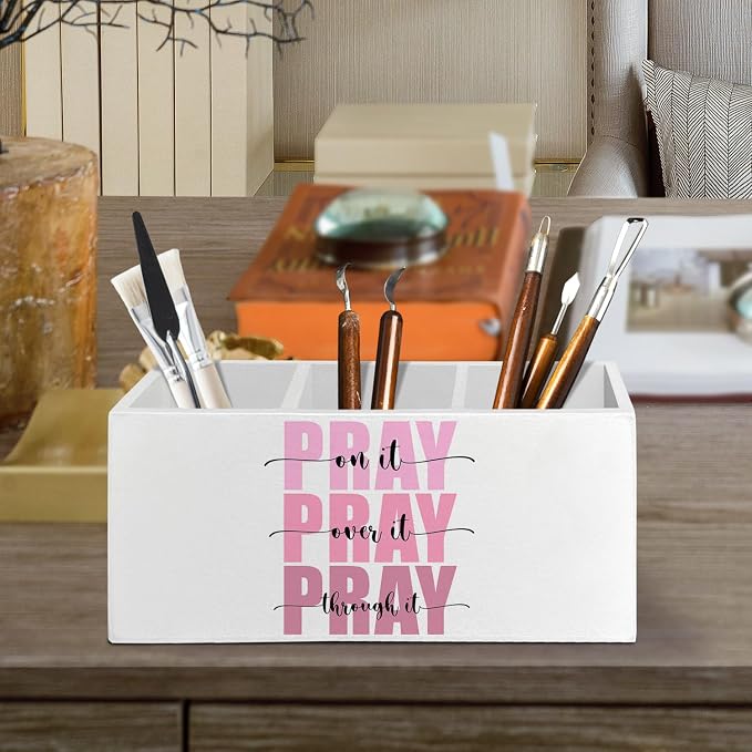 Pink Christian Bible Pen Pencil Holder Organizer for Desk Accessories, Pray on Over Through It Wooden Box Sign Desk Decor for Home Office Decoration, Christian Gifts for Women Men
