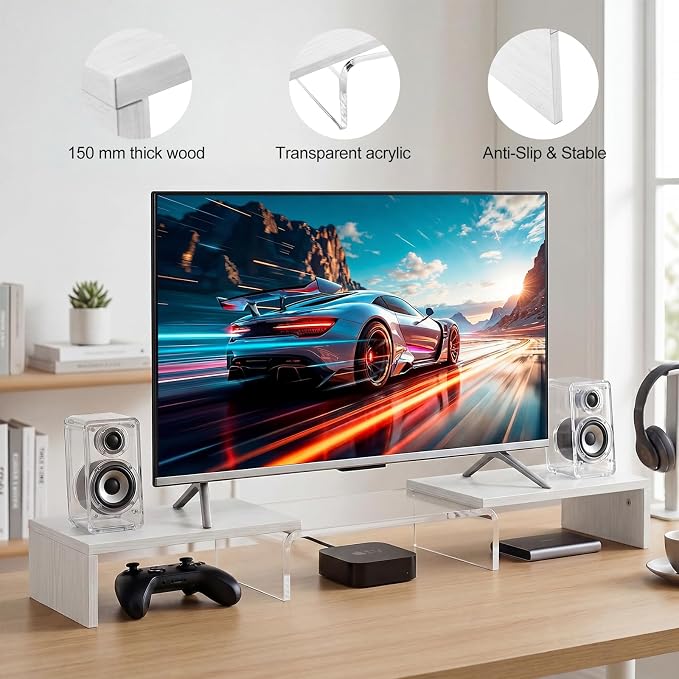 Dual Monitor Riser, Acrylic Monitor Riser, Adjustable Angle & Length Computer Monitor Stand, Wide Desk Shelf for Top of Desk for Home Office_White Maple Look Small