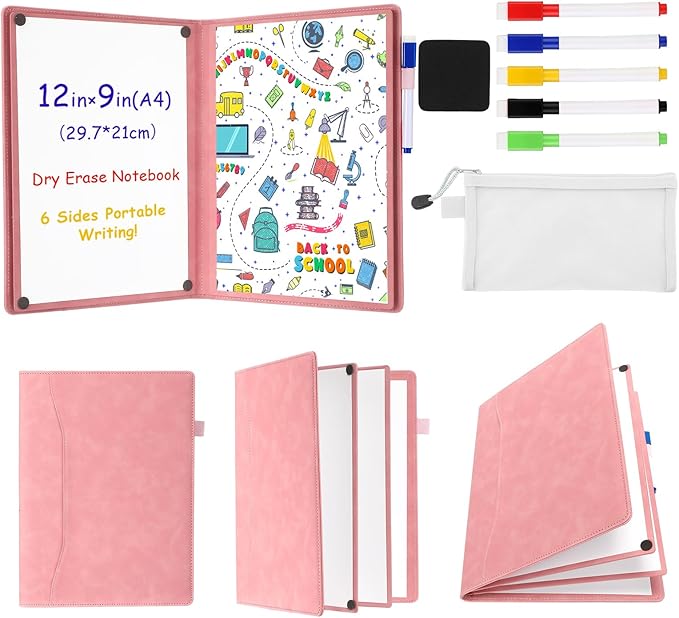 Feifeiya 6 Sides Dry Erase Notebook Portable White Board 12"x9"(a4) Travel Dry Erase White Board Notebook Foldable Anti-ghosting Surface for Office, School, Study, Travel & Business Meeting Planning