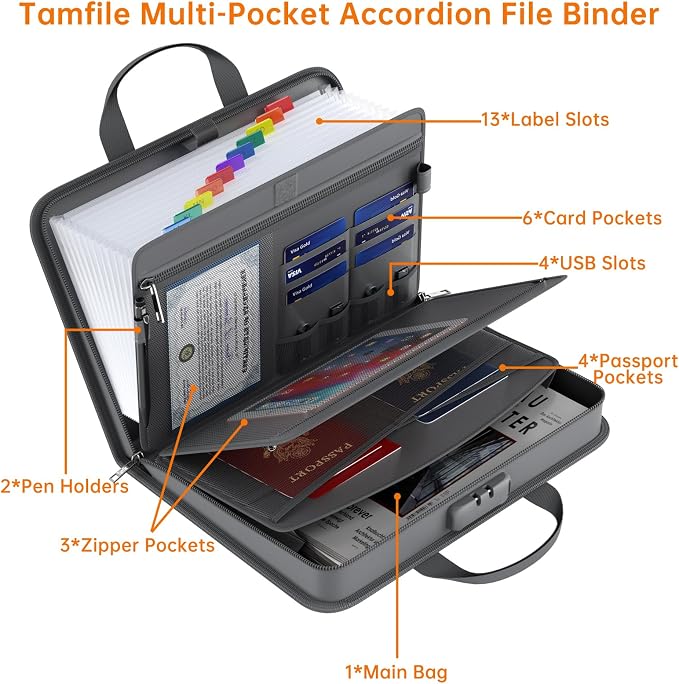 Fireproof Accordion File Organizer with Lock, 5200℉ Document Organizer | Thickened, 13 Clear Pocket, with Zipper & Labels, Important Document Organizer, Expanding File Folder, with Handle, Black