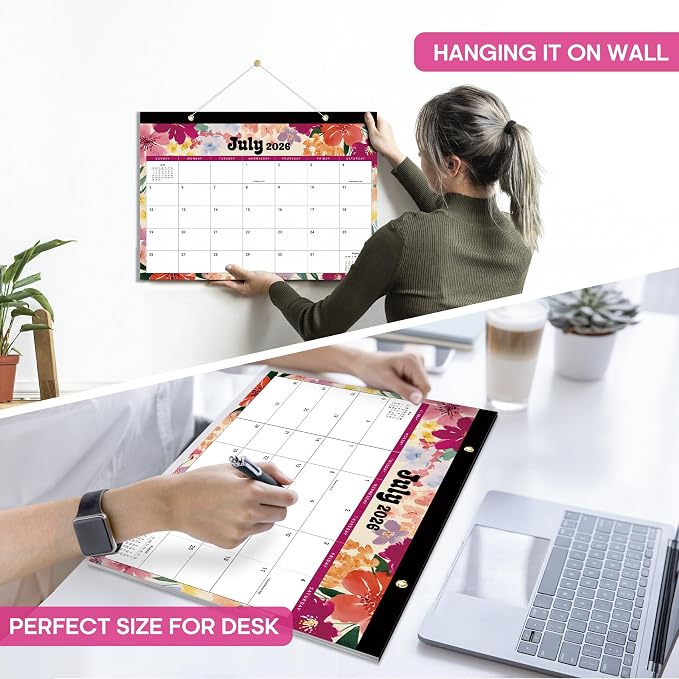 Desk Calendar 2026-2027, 18-Month Calendar Runs from July 2026 to December 2027, Large 17" x 12" Monthly Desktop & Wall Calendar for Home & Office - Vivid Bloom